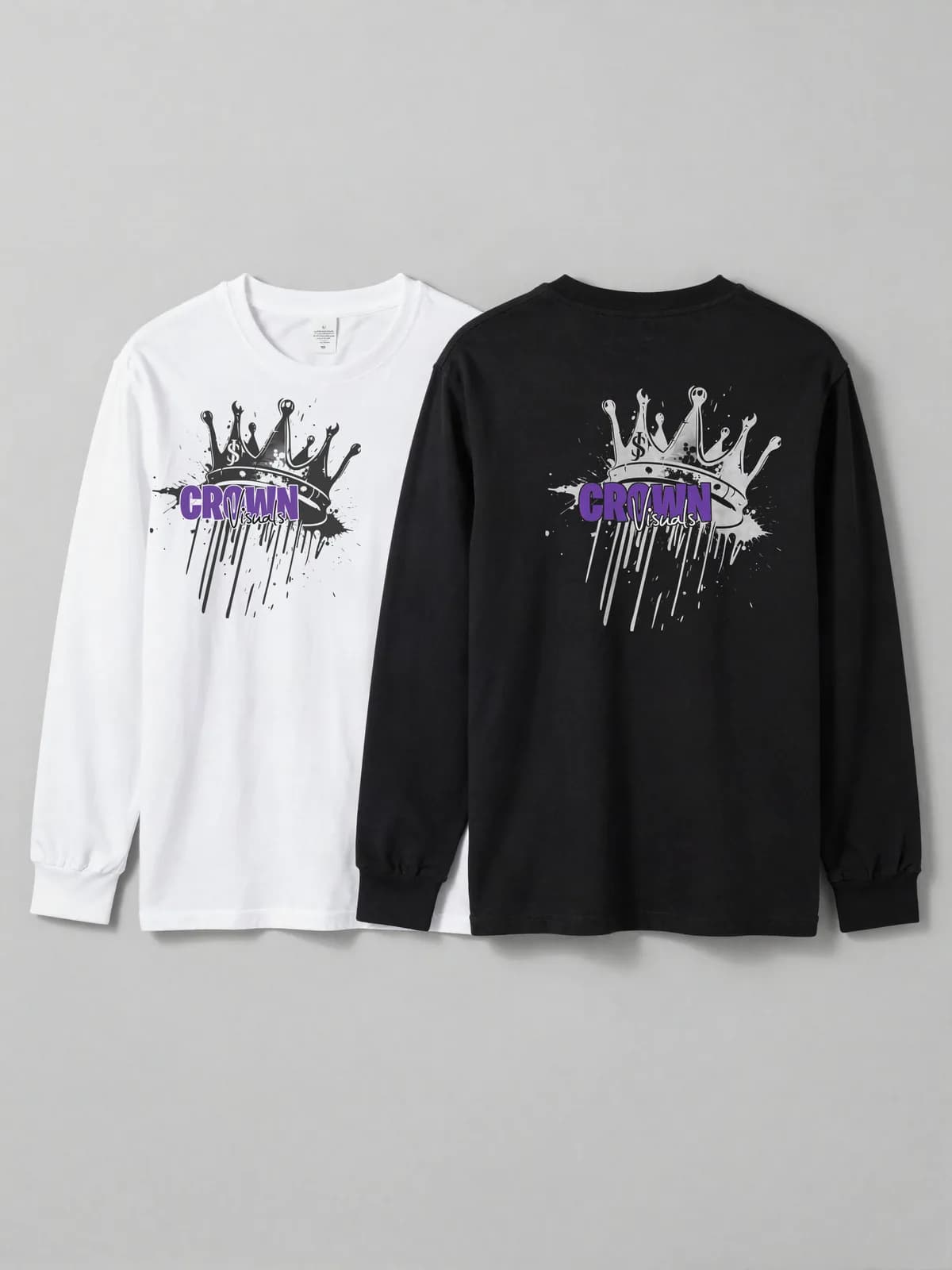 Ein weißes und ein schwarzes Longsleeve mit Crown-Visuals-Rückenprint